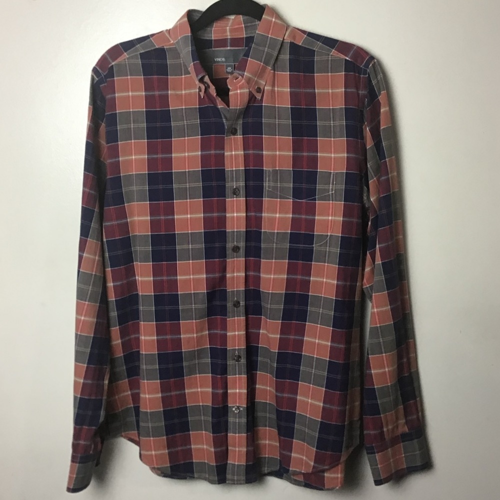 Vince multicolored plaid long sleeve button down shirt. Medium